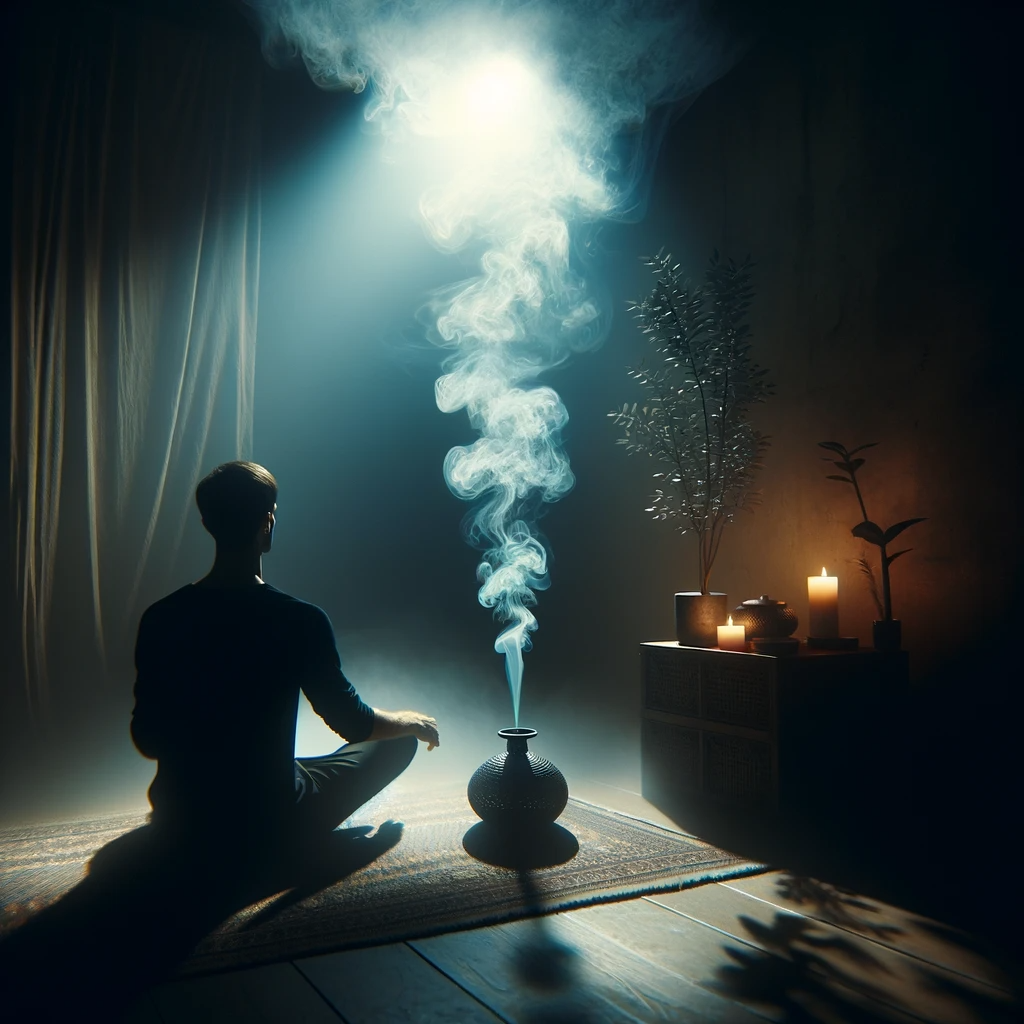 ·E 2024 01 22 19.31.27   A tranquil image of a person sitting in a dimly lit room, surrounded by rising smoke. The person is in a contemplative state, focusing on the smoke's .png