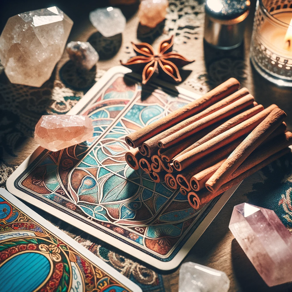 ·E 2024 01 22 19.55.04   An image depicting a close up of a table with scattered cinnamon sticks, alongside tarot cards and crystals. The cinnamon sticks are arranged in a spe.png