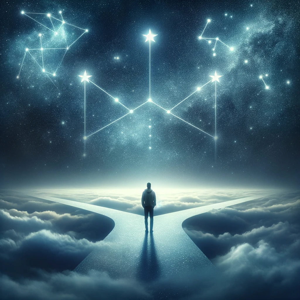 ·E 2024 01 22 20.16.01   An ethereal image of a person standing at a crossroads under a starry sky, looking contemplatively at different paths. Above them, the constellations .png