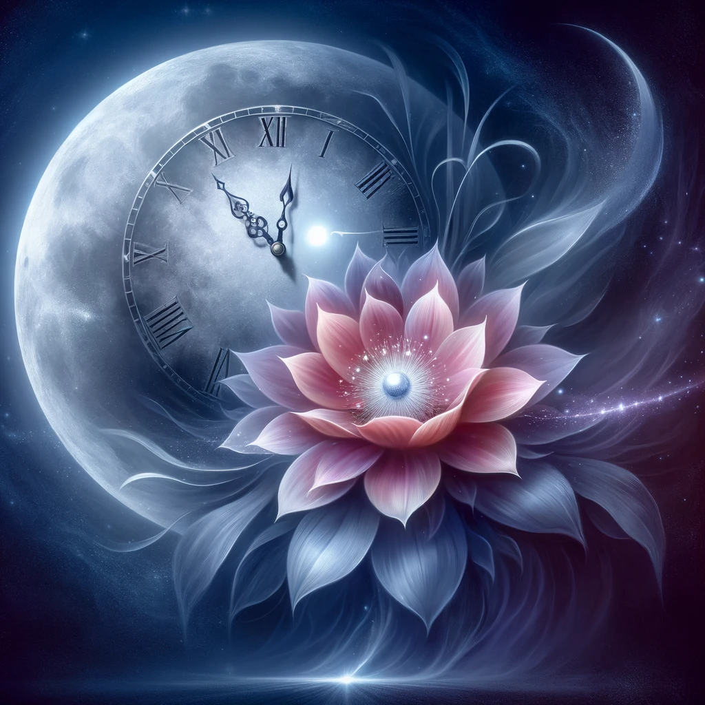 ·E 2024 01 22 20.16.03   A mystical image of a blooming flower under the moonlight, with a clock face subtly integrated into its center. The flower represents growth and unfol.png