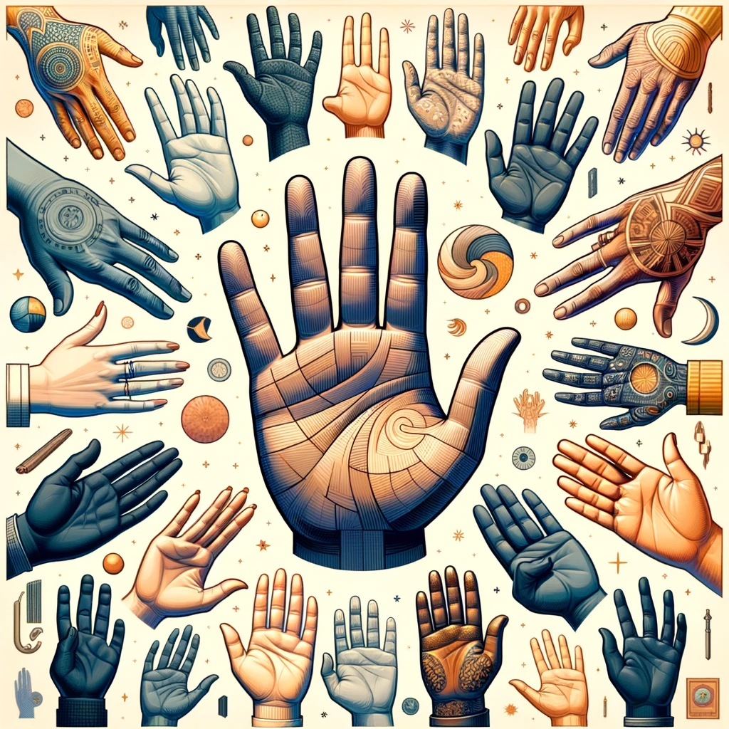 ·E 2023 12 31 23.32.21   A featured image for an article titled 'The Different Types of Hands in Palmistry_ What Your Hand Shape Reveals', depicting a collage of various hand .png