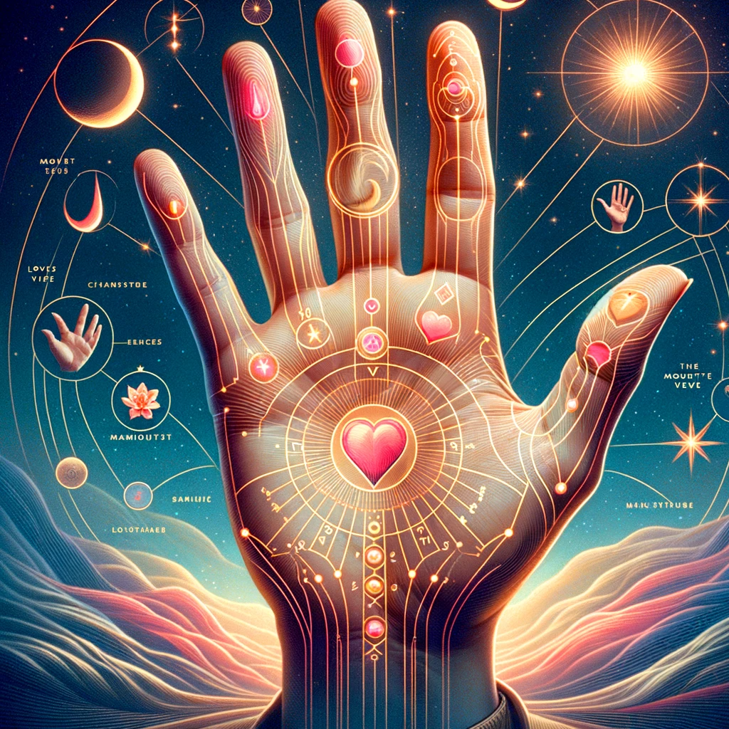 ·E 2024 01 01 17.54.53   An image for an article titled 'Palmistry and Love', showcasing the significance of the mounts in love readings. The image should feature a hand with .png
