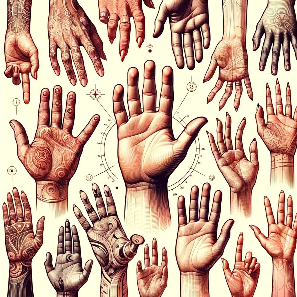 ·E 2024 01 01 18.06.33   A featured image for an article titled 'The Influence of Finger Length in Palmistry_ What Your Fingers Reveal', showcasing a variety of hands with dif.png