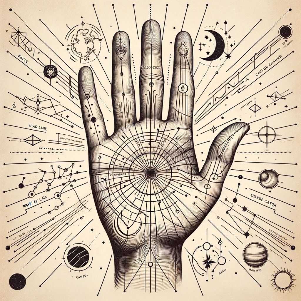 ·E 2024 01 01 18.11.57   An image for an article titled 'Palmistry and Career Choices', showcasing the relationship between different lines and mounts in career readings. The .png