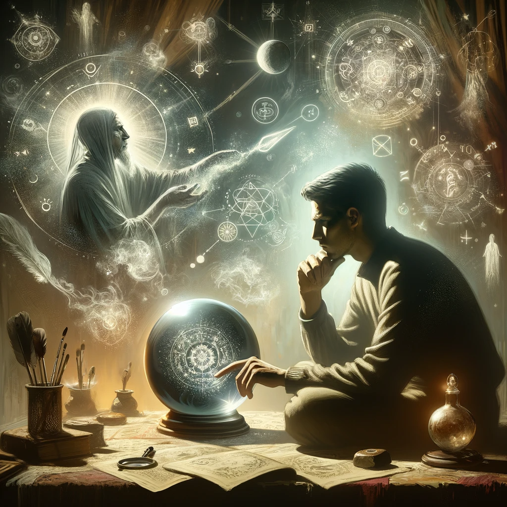 ·E 2024 01 03 01.53.08   An image for an article on 'Scrying and the Unconscious Mind', depicting a person engaged in scrying with a focus on their contemplative expression. T.png