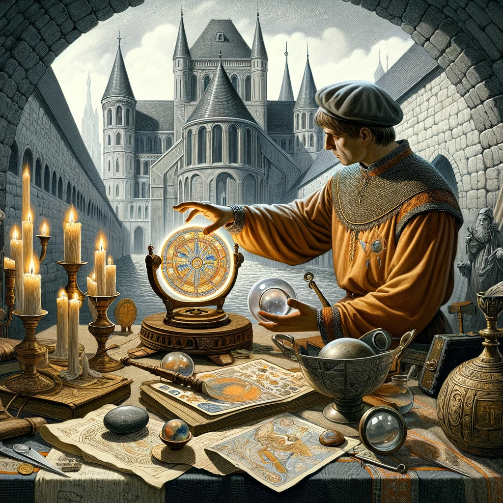 ·E 2024 01 03 17.43.36   An image for an article about 'Scrying in Different Cultures', illustrating scrying practices in medieval Europe. The scene should depict a setting or.png