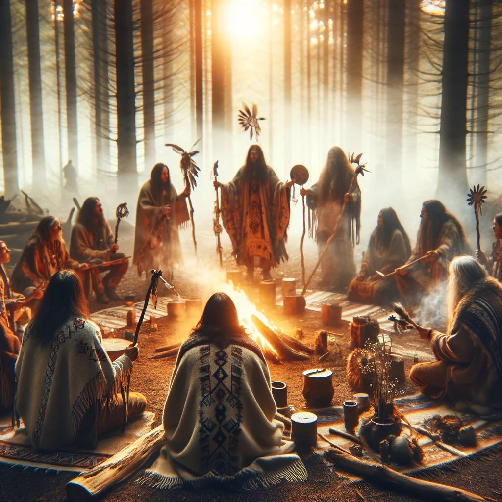 ·E 2024 01 03 18.58.08   An image for an article titled 'What Is Shamanism_', showcasing a shamanic ceremony or ritual in progress. The scene should capture a group of individ.png