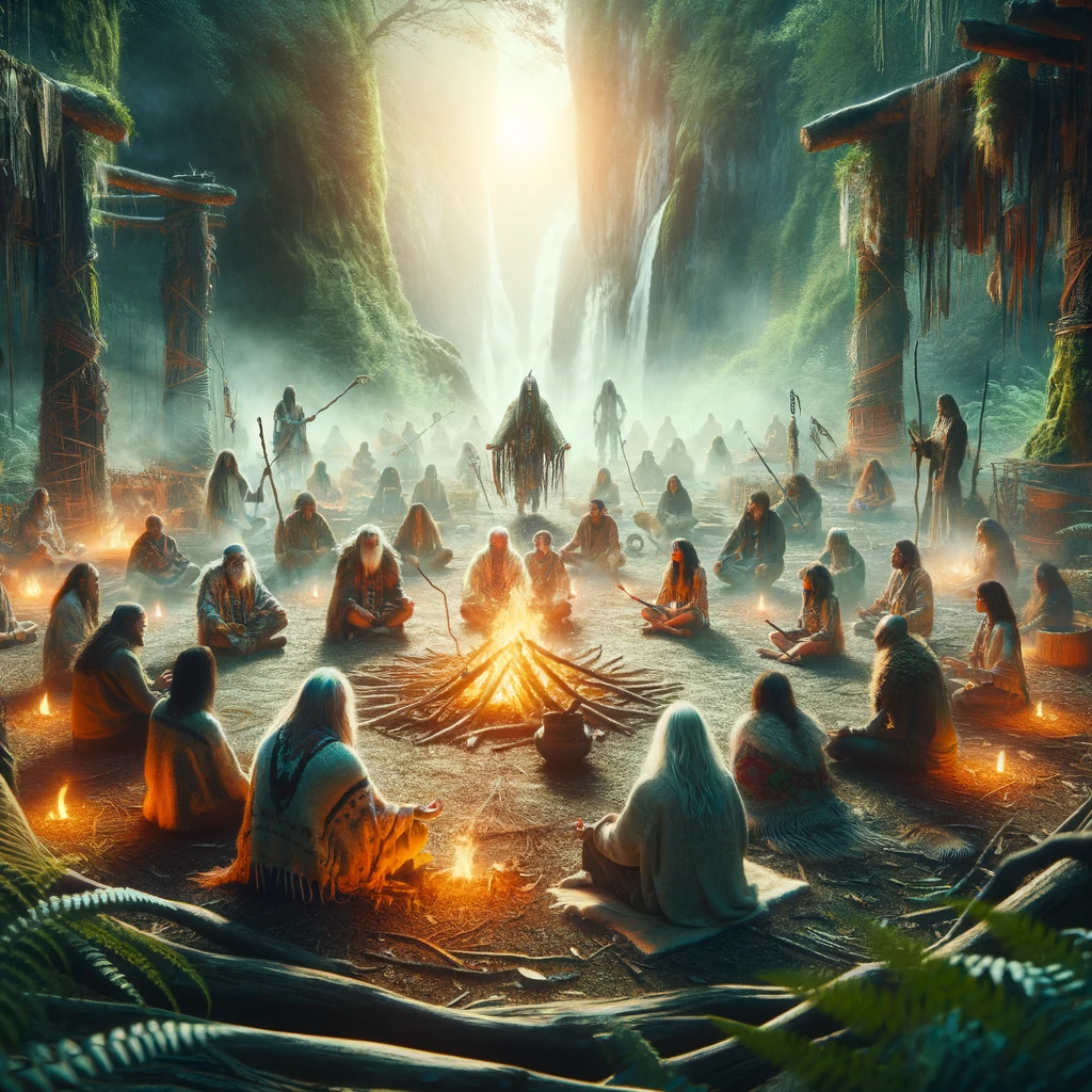 ·E 2024 01 03 19.05.14   An image for an article titled 'The Role of a Shaman_ Bridging the Physical and Spiritual Worlds', showcasing a shamanic ceremony or ritual in progres.png