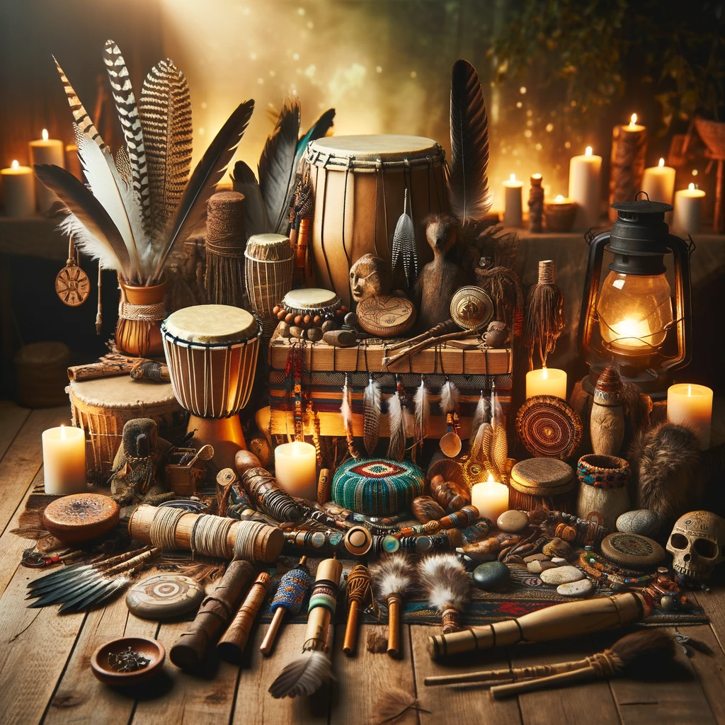 ·E 2024 01 03 19.05.15   An image for an article on 'The Role of a Shaman', focusing on shamanic tools and symbols. The scene should feature various items commonly used in sha.png