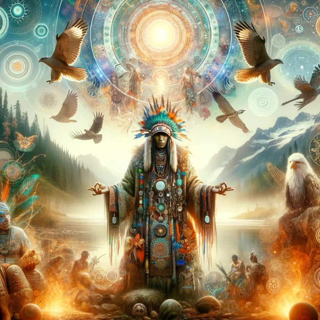 ·E 2024 01 03 19.05.19   A featured image for an article titled 'The Role of a Shaman_ Bridging the Physical and Spiritual Worlds', showcasing a shamanic figure, possibly ador.png