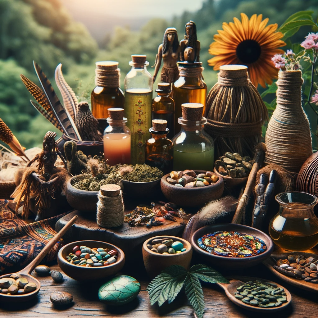 ·E 2024 01 03 19.13.58   A featured image for an article titled 'Plant Medicine and Shamanism_ Healing with Ayahuasca, Peyote, and More', showcasing a collection of plant medi.png