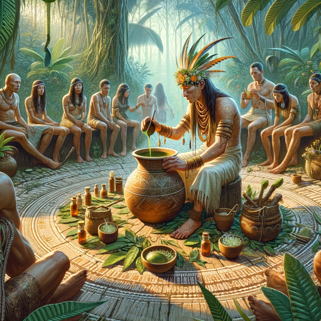 ·E 2024 01 03 19.14.02   An image for an article about 'Plant Medicine and Shamanism', depicting a shamanic ritual involving Ayahuasca. The scene should feature a shaman prepa.png