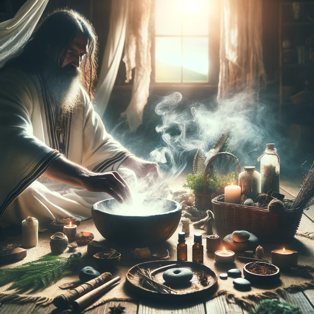 ·E 2024 01 03 20.06.35   An image for an article on 'Shamanic Healing', focusing on the process of spiritual cleansing. The scene should depict a shaman performing a cleansing.png