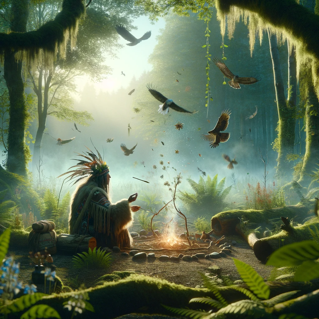 ·E 2024 01 03 20.14.47   An image for an article about 'Shamanism and Ecopsychology', depicting a shaman in a natural setting, symbolizing the connection with nature. The scen.png