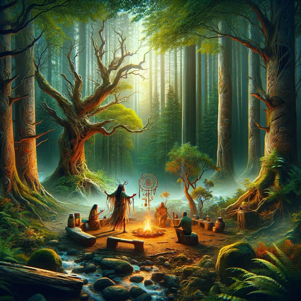 ·E 2024 01 03 20.14.49   An image for an article on 'Shamanism and Ecopsychology', focusing on a shamanic ritual in a forest setting. The scene should depict a shaman performi.png