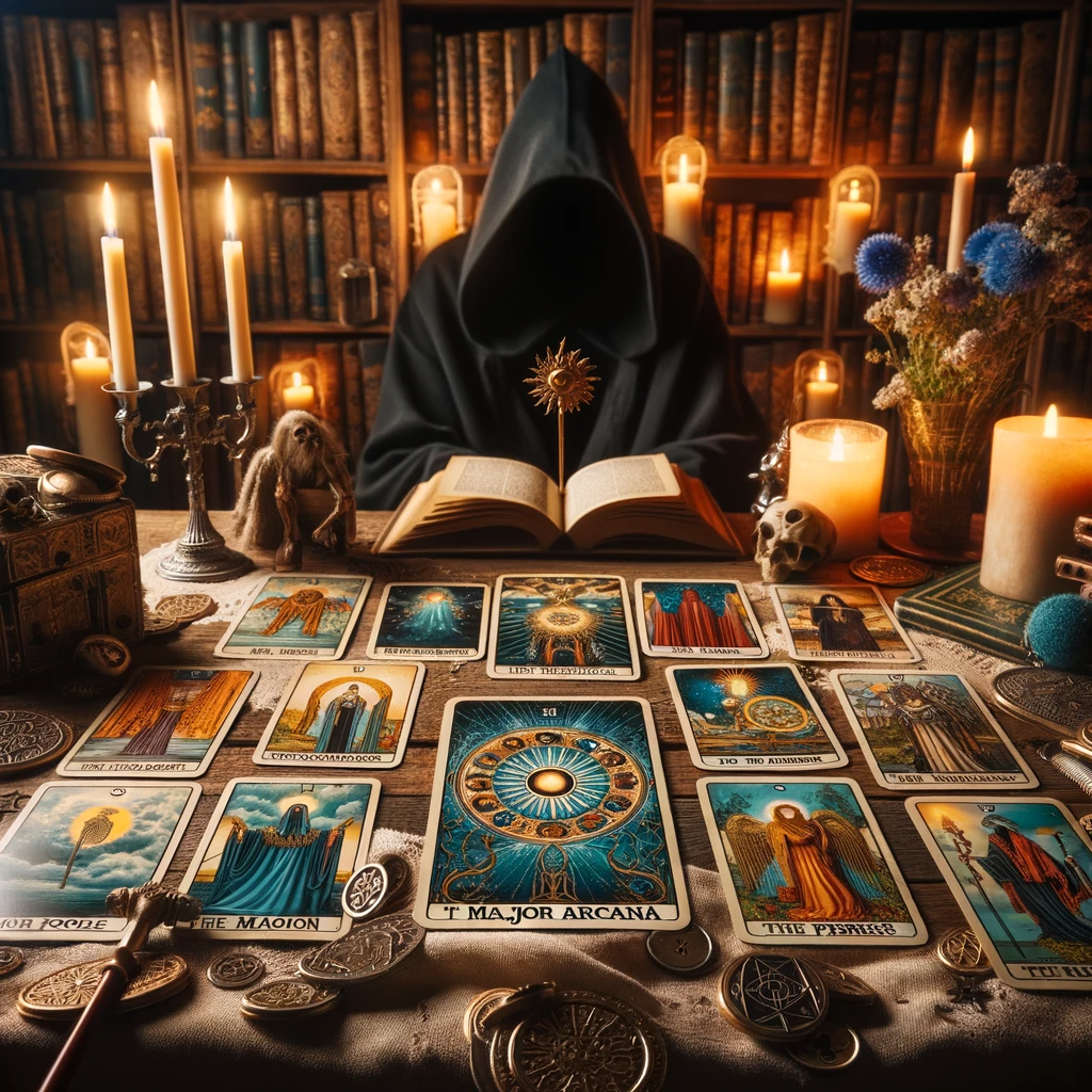 ·E 2024 01 04 02.42.40   An image for an article about tarot cards, focusing on the Major Arcana. The scene should feature a selection of Major Arcana cards, known for their p.png