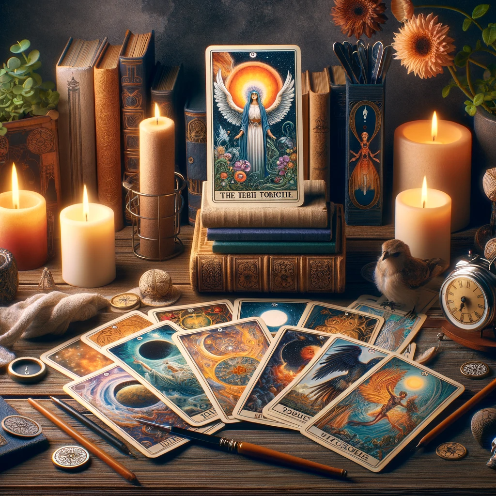 ·E 2024 01 04 02.42.45   An image for an article about tarot cards, illustrating the art and design of tarot decks. The scene should feature a variety of tarot cards, each sho.png