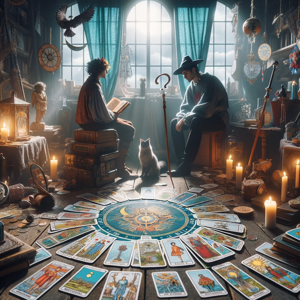 ·E 2024 01 04 02.46.33   An image for an article about tarot cards, showcasing the Minor Arcana. The scene should feature a variety of Minor Arcana cards, which depict the mor.png