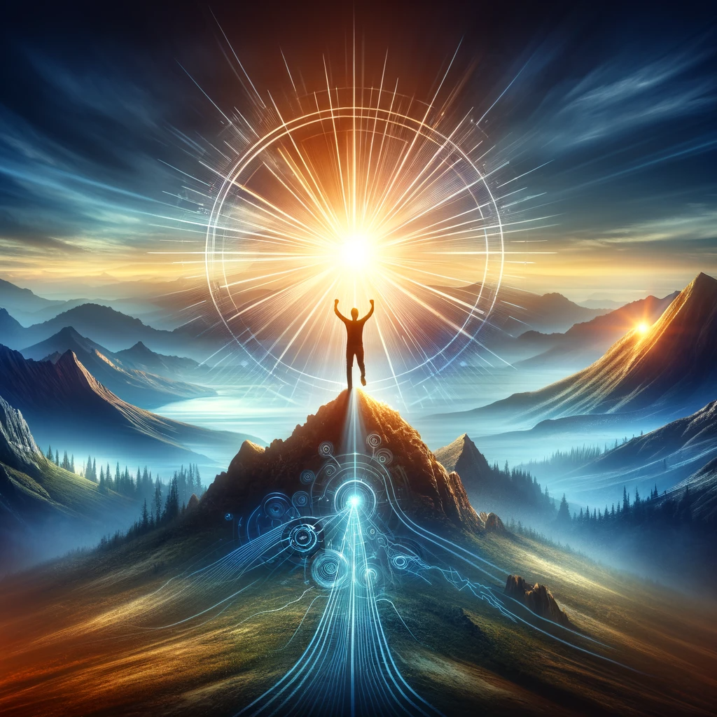 ·E 2024 01 04 02.52.55   A dynamic image of a person standing on a mountaintop, arms raised triumphantly towards a rising sun. The landscape below shows a journey through vari.png