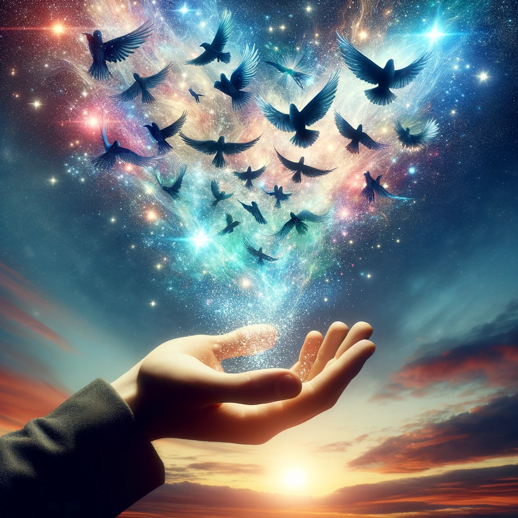 ·E 2024 01 04 02.59.55   An image depicting a person's hand releasing a flock of birds into the sky, with the birds transforming into a burst of stars and cosmic energy. This .png