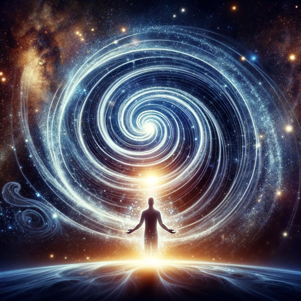 ·E 2024 01 04 02.59.58   A conceptual image of a person at the center of a spiraling galaxy, with their arms outstretched, embracing the universe. This represents the idea of .png