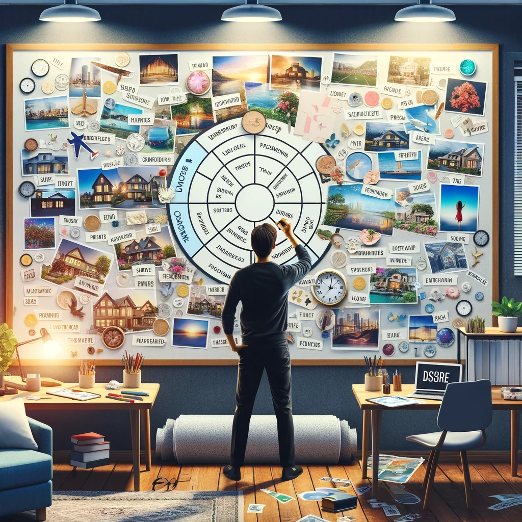 ·E 2024 01 04 03.05.04   An image showing a person standing in front of a large vision board in their room. The board is filled with images and words that represent their goal.png