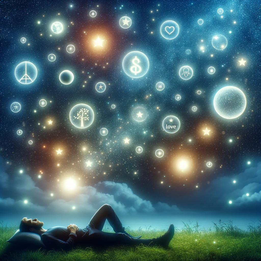 ·E 2024 01 04 03.05.10   A creative image depicting a person lying on a grassy field under a starry night sky, gazing up at the stars. Around them are glowing orbs of light, e.png