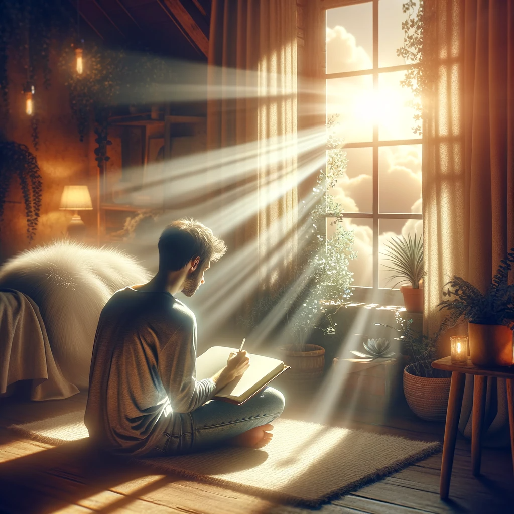 ·E 2024 01 04 03.11.42   A tranquil scene depicting a person sitting by a window with morning sunlight streaming in. The person is deeply focused, writing affirmations in a jo.png