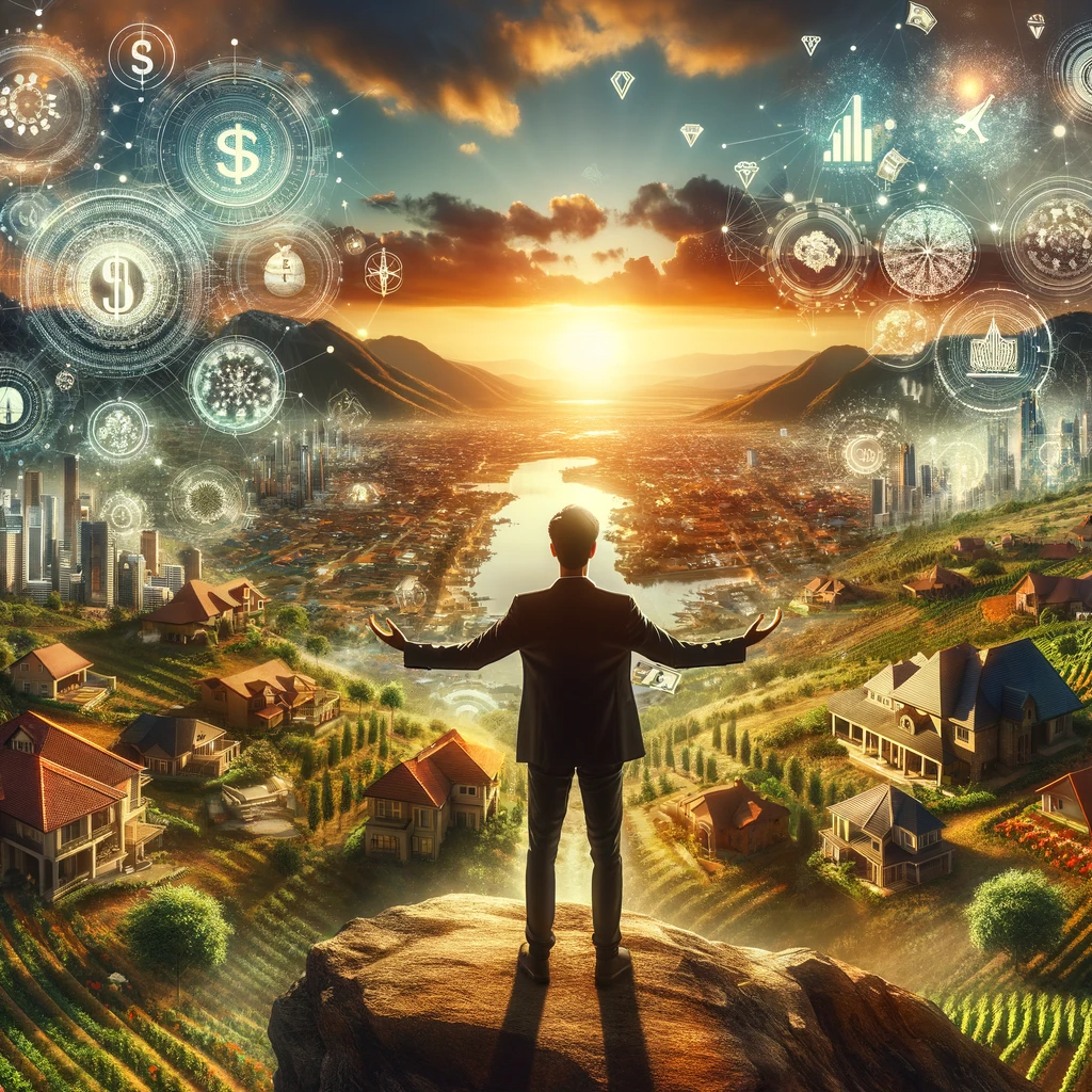 ·E 2024 01 04 03.25.14   A dynamic image of a person standing on a cliff overlooking a vast landscape filled with symbols of wealth and success, like luxury homes, lush vineya.png