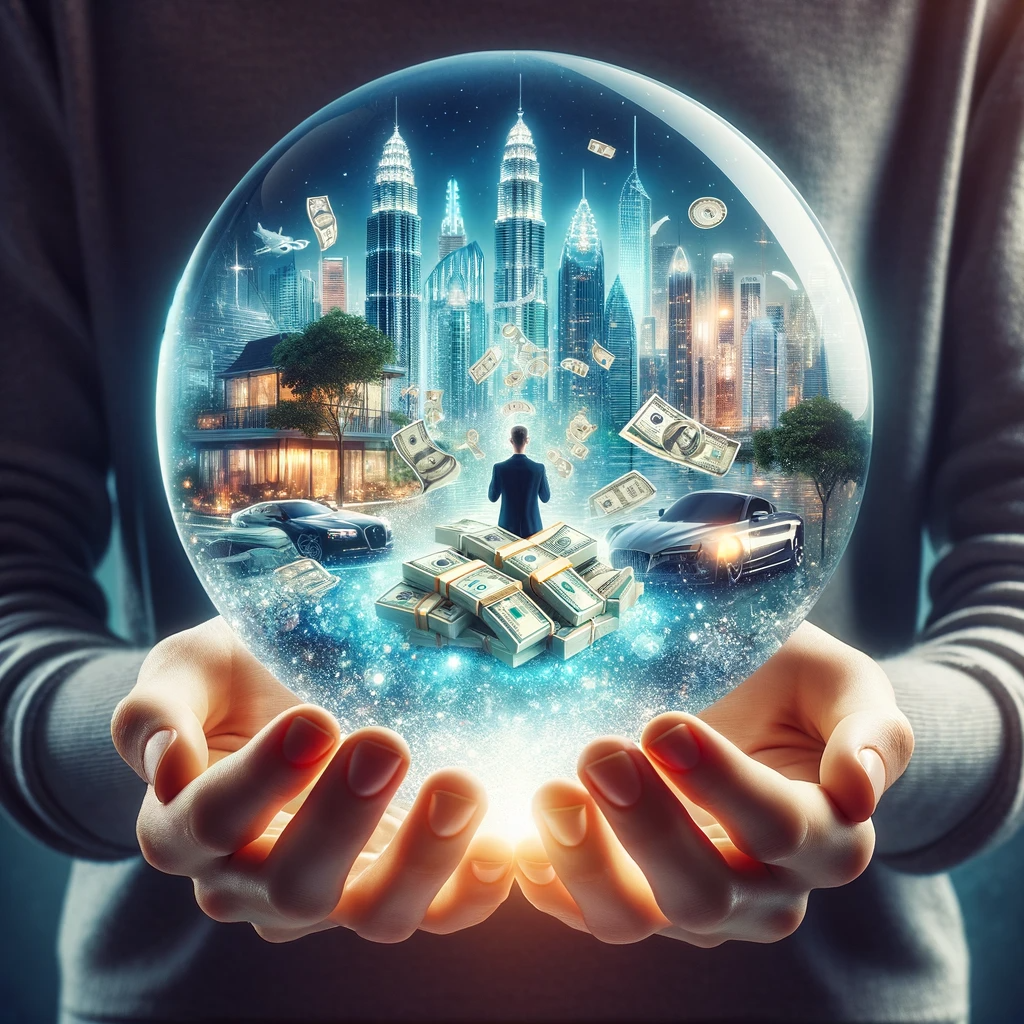 ·E 2024 01 04 03.25.17   An image of a person holding a large, glowing crystal ball in their hands, inside which a vision of financial abundance is visible, including skyscrap.png