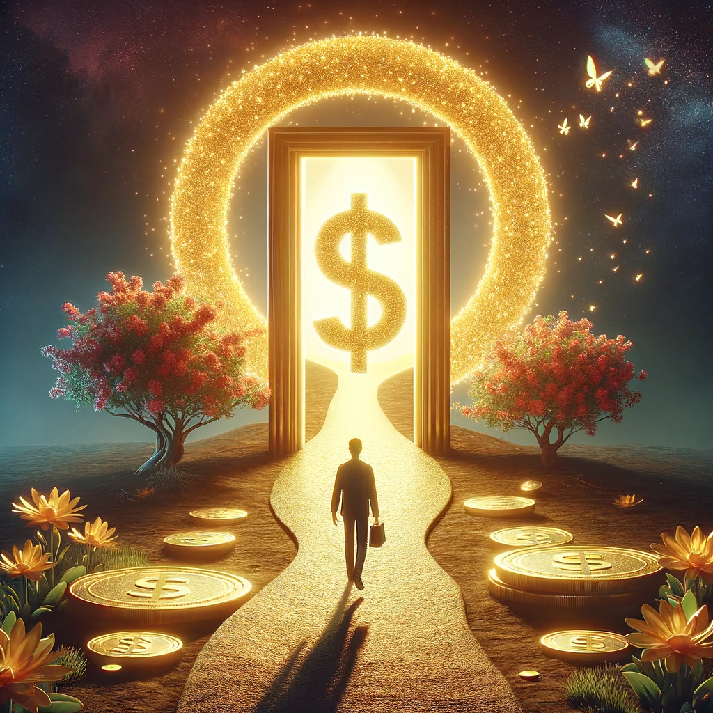 ·E 2024 01 04 03.25.19   A symbolic image of a person walking on a path that leads to a glowing doorway shaped like a dollar sign. The path is lined with blooming flowers and .png