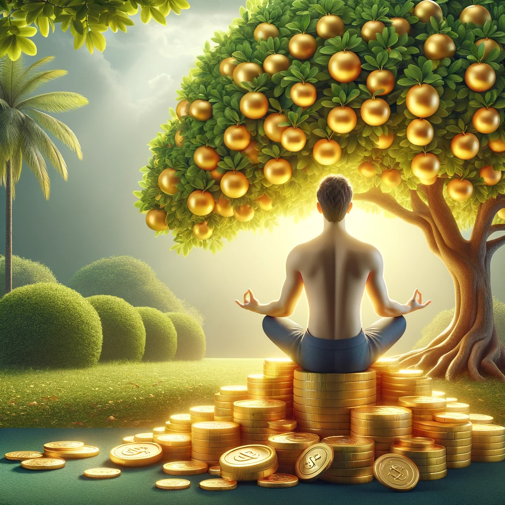 ·E 2024 01 04 03.25.22   A serene image of a person sitting in a lotus position on top of a pile of gold coins, meditating under a tree with lush green leaves and golden fruit.png