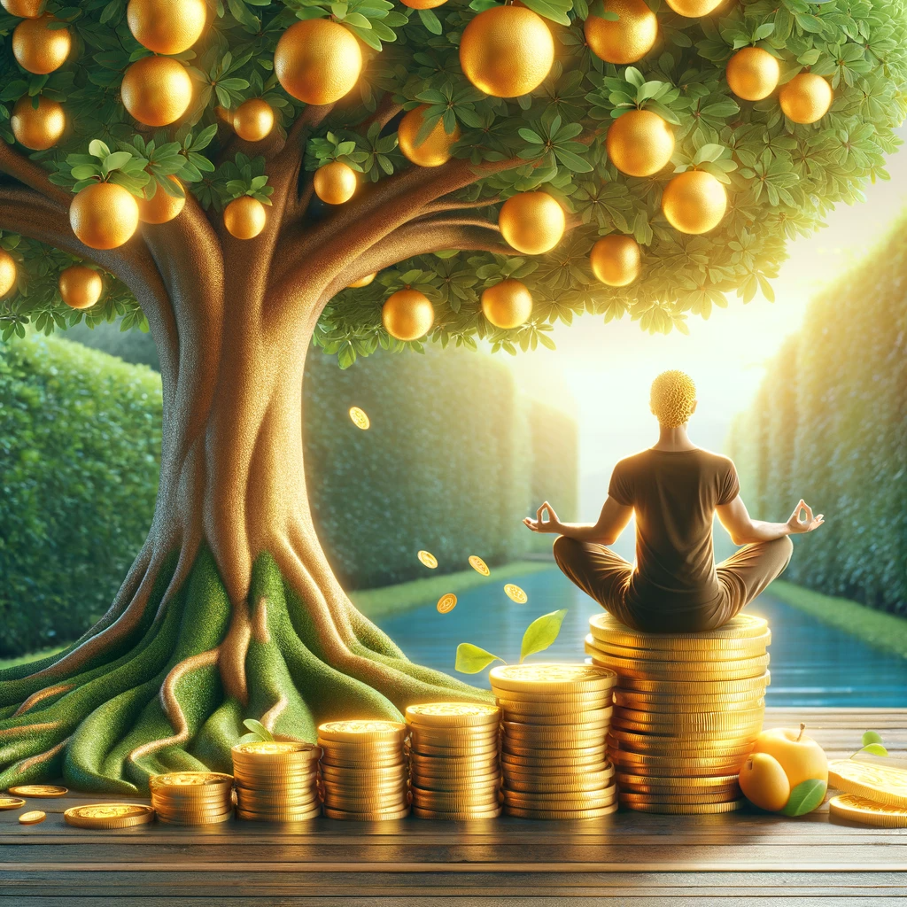 ·E 2024 01 04 03.29.50   A serene image of a person sitting in a lotus position on top of a pile of gold coins, meditating under a tree with lush green leaves and golden fruit.png