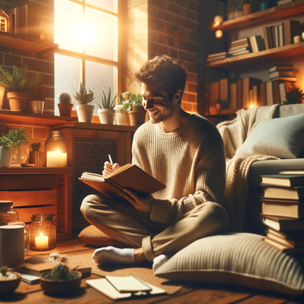 ·E 2024 01 04 18.02.28   An image of a person sitting comfortably in a cozy room, surrounded by books, plants, and soft lighting. They are smiling and writing in a journal, sy.png