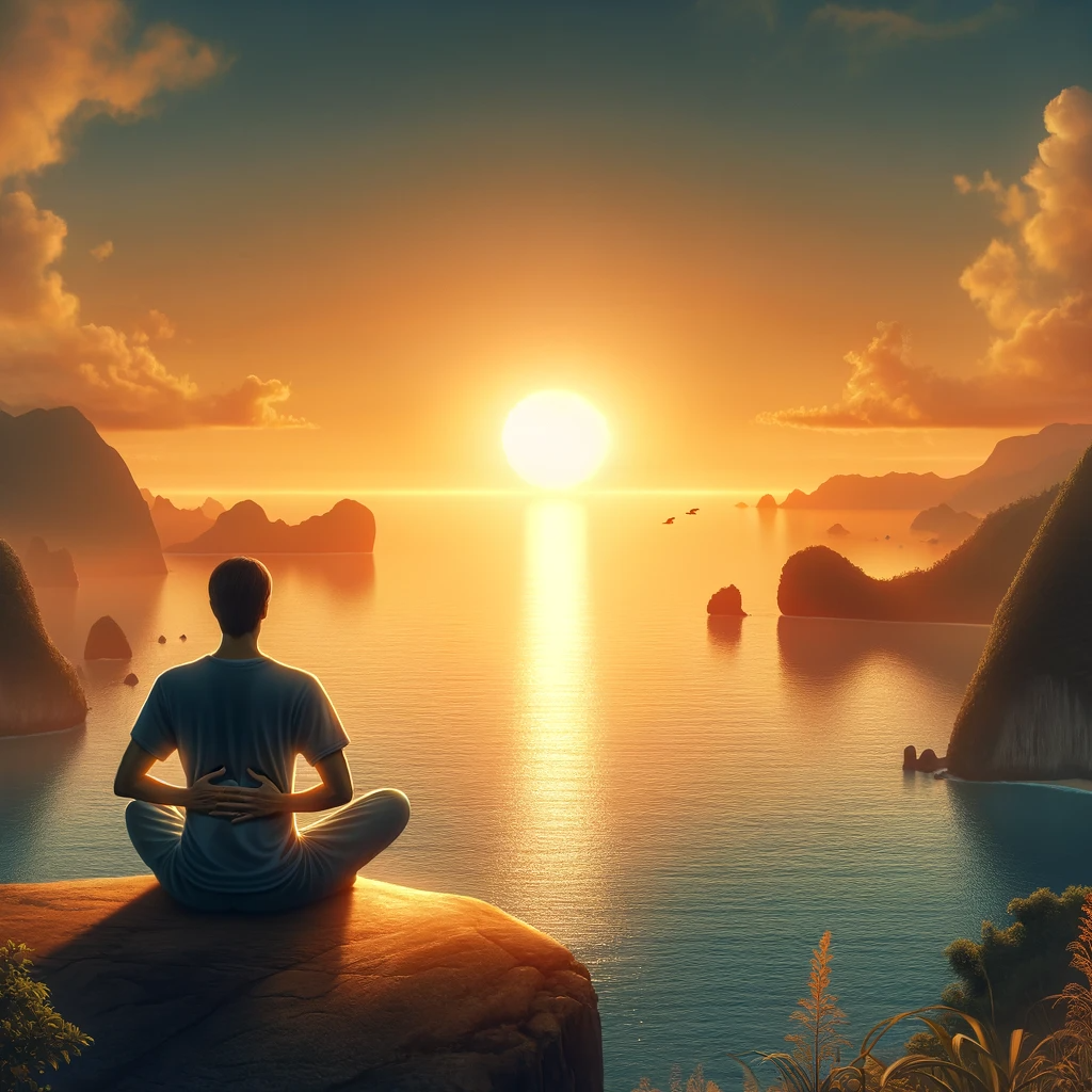 ·E 2024 01 04 18.02.30   A tranquil image of a person sitting on a cliff, gazing at a sunrise over a vast ocean. They are practicing deep breathing, with their hands resting g.png