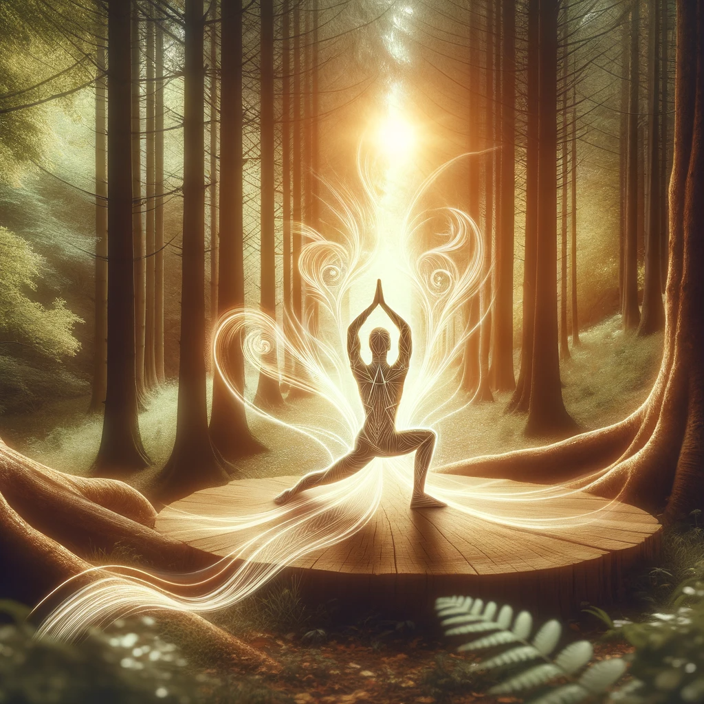 ·E 2024 01 04 18.02.32   An image of a person doing yoga in a peaceful forest, with sunlight filtering through the trees. The person is in a pose that signifies strength and f.png