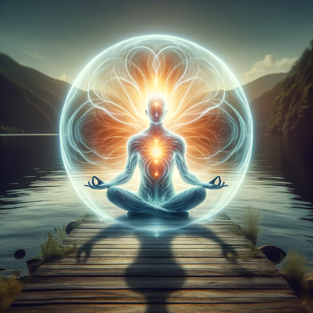 ·E 2024 01 04 18.02.33   A soothing image of a person sitting in a lotus position on a tranquil lakeside, meditating. The person is surrounded by a soft, glowing light that su.png