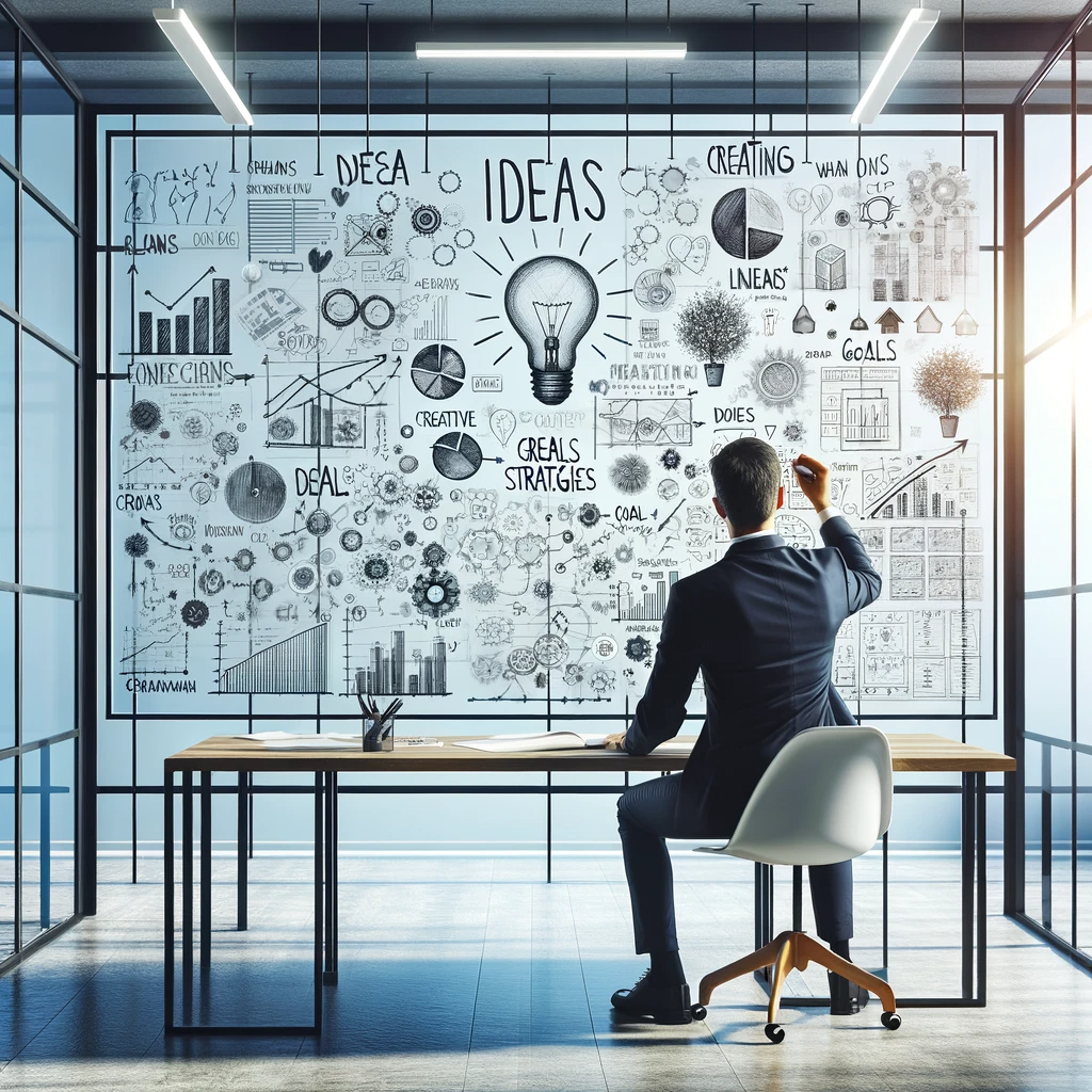 ·E 2024 01 05 00.07.15   An image of a person in a modern, bright office, brainstorming ideas on a large glass whiteboard. The whiteboard is filled with creative plans, goals,.png