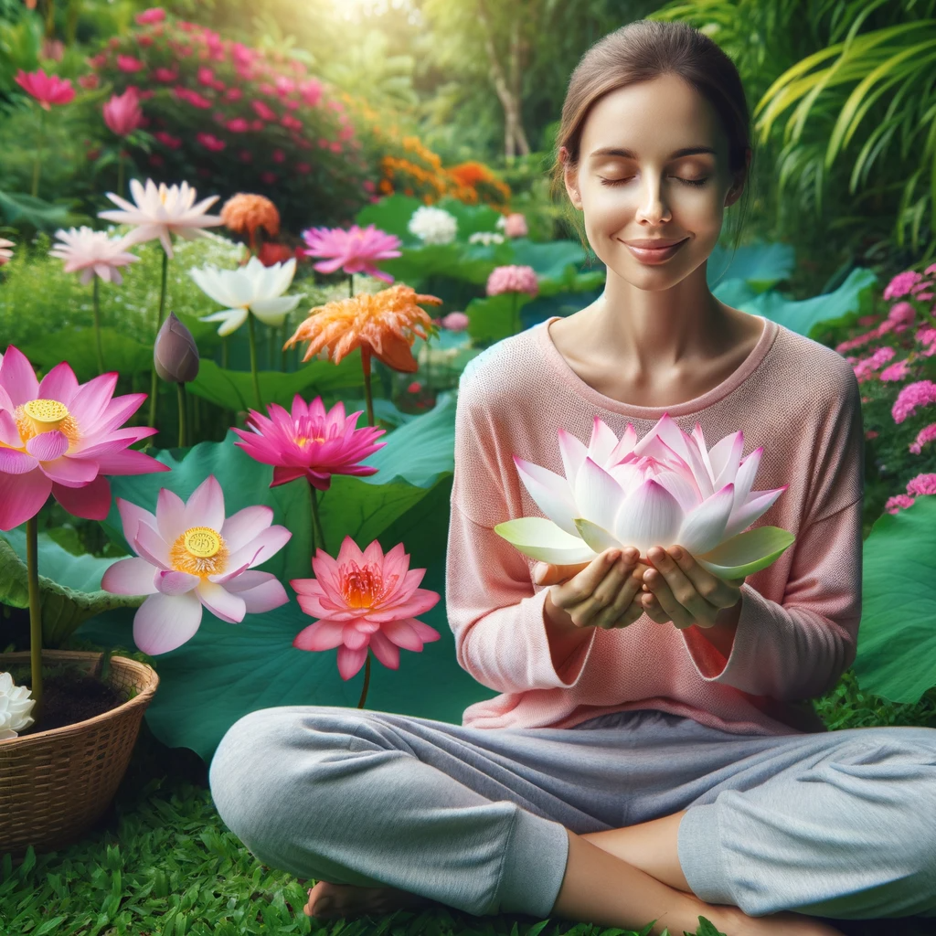 ·E 2024 01 05 00.12.29   A peaceful image of a person sitting cross legged in a blooming garden, holding a lotus flower in their hands. Their eyes are closed, and they have a .png