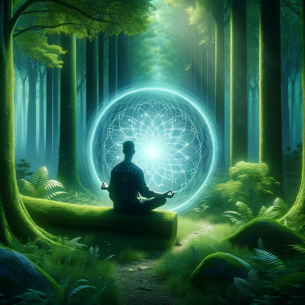 ·E 2024 01 05 00.12.32   A serene image of a person sitting in a tranquil forest, meditating with their eyes closed. They are surrounded by a soft, glowing light, symbolizing .png
