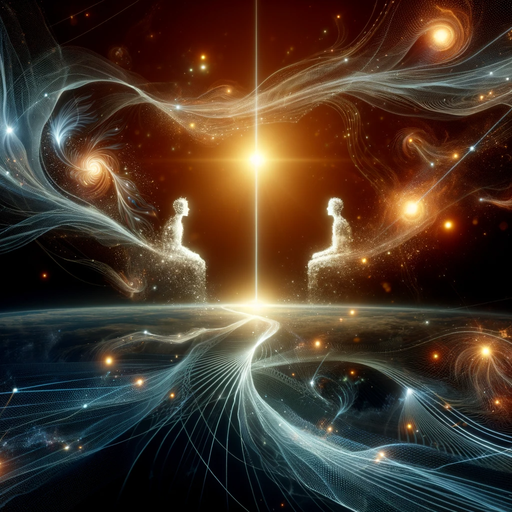 ·E 2024 01 05 00.46.50   A creative image representing quantum entanglement and its relation to manifestation. It features two individuals at a distance, connected by a stream.png