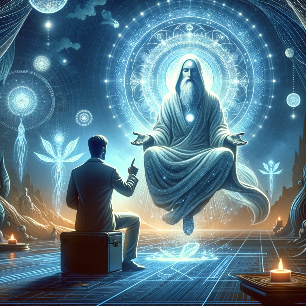 ·E 2024 01 05 23.12.12   A conceptual image showing a person receiving guidance from an experienced astral projector or spiritual mentor. The mentor is depicted as a figure em.png
