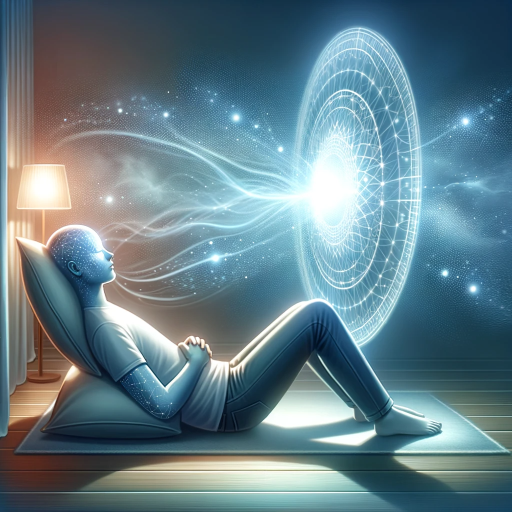 ·E 2024 01 05 23.12.13   An image illustrating a person using visualization techniques as part of their astral projection practice. The person is lying down, eyes closed, and .png