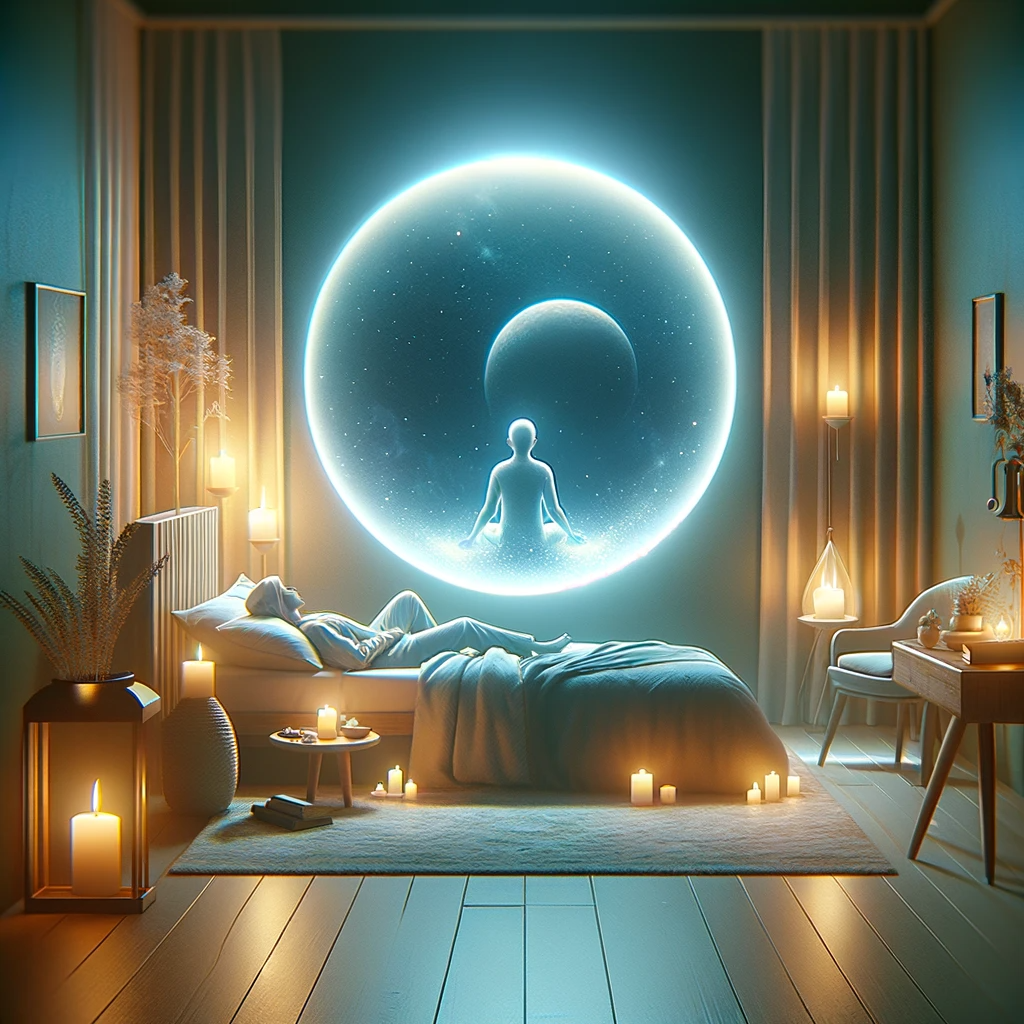 ·E 2024 01 05 23.12.17   A serene and secure image of a person in a peaceful bedroom, preparing for astral projection. The room is dimly lit with soft, ambient lighting, creat.png