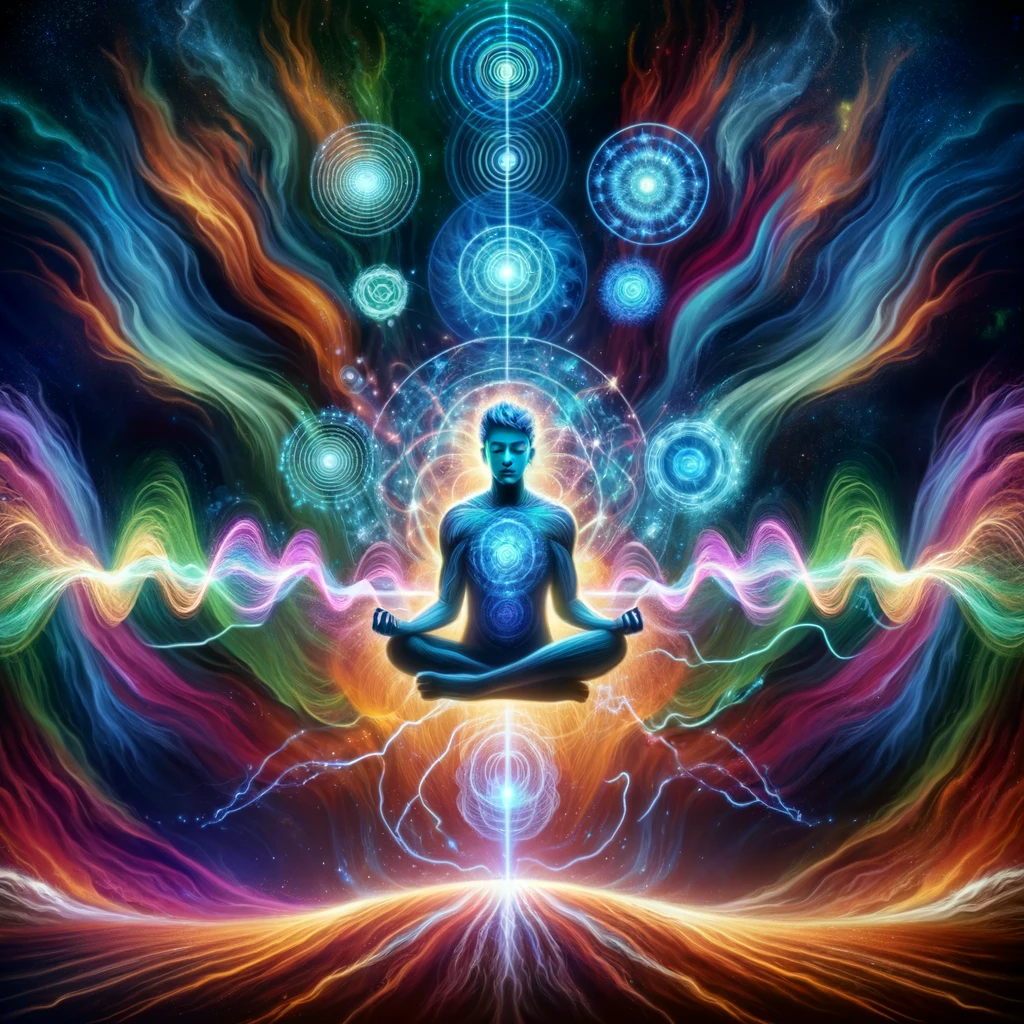 ·E 2024 01 05 23.20.30   A mystical image depicting a person in deep meditation, surrounded by waves of energy and light representing astral projection frequencies. The person.png