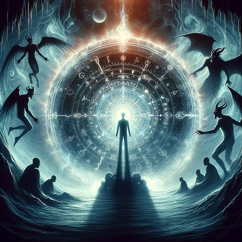 ·E 2024 01 05 23.28.44   A mystical image showcasing a protective barrier around a person during astral projection. The person is surrounded by a glowing circle of light and s.png