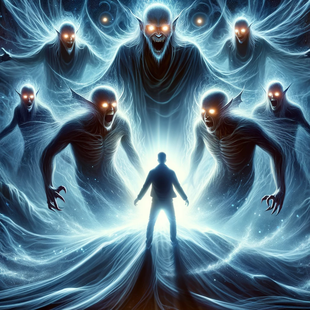 ·E 2024 01 05 23.29.02   A dramatic image of an astral traveler in a confrontational stance with a group of dark, menacing figures in the astral realm. The figures have glowin.png