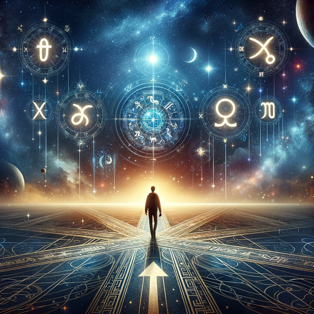 ·E 2024 01 05 23.44.41   A captivating image that embodies the essence of freewill astrology. It depicts a person standing at a crossroads under a starry sky, with various ast.png