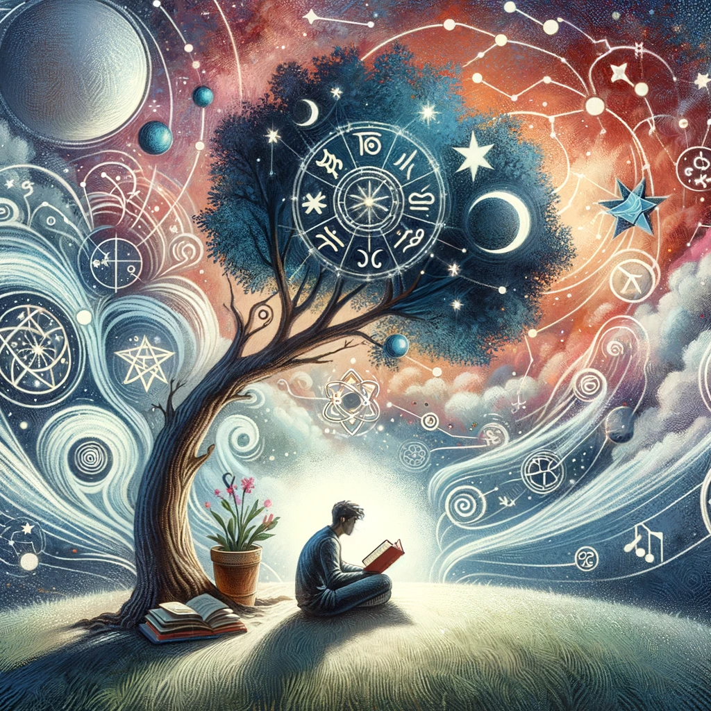 ·E 2024 01 05 23.44.46   A whimsical image of a person sitting under a tree, surrounded by a swirl of astrological symbols and constellations. The person is reading an astrolo.png