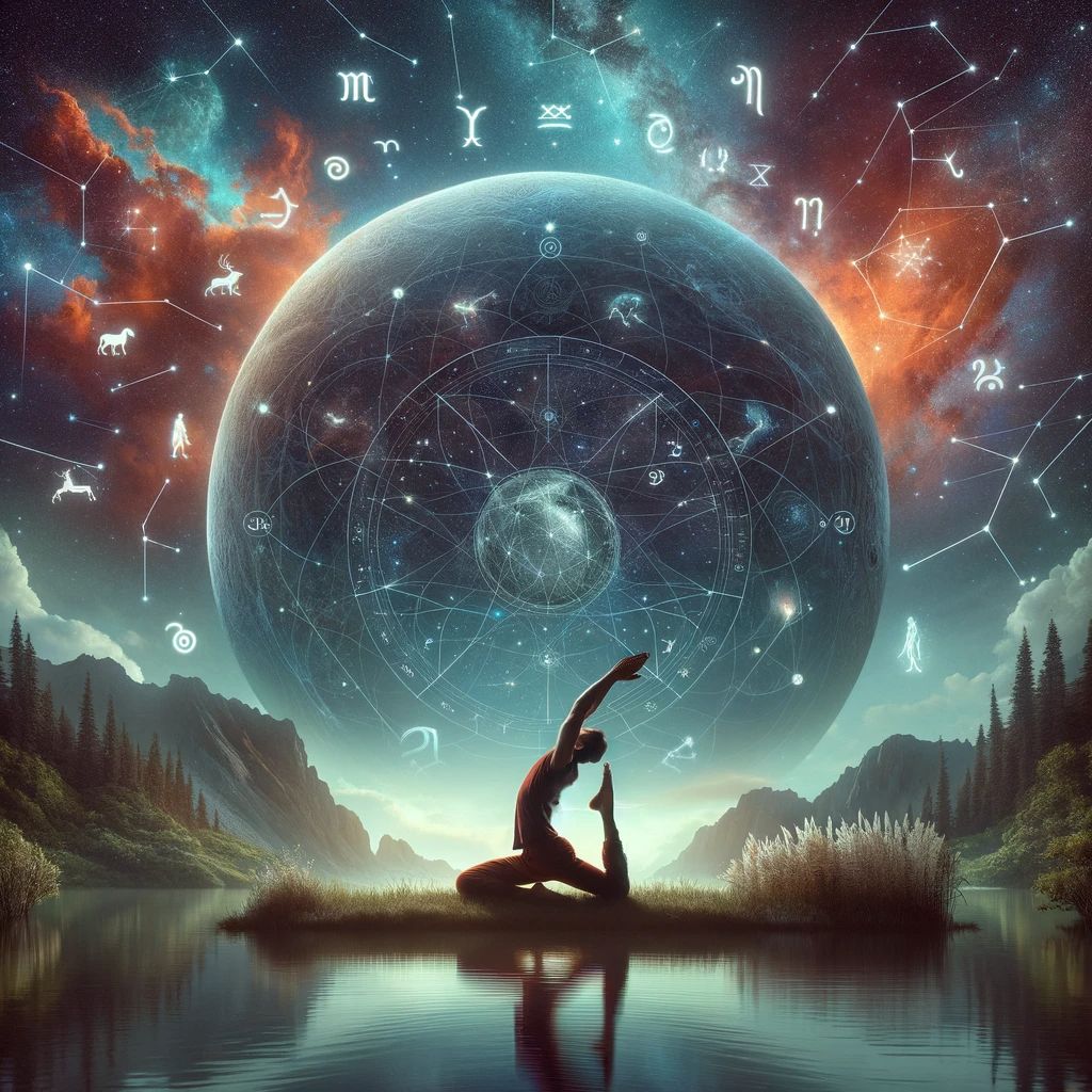 ·E 2024 01 05 23.44.47   A serene image of a person practicing yoga in a natural setting, with a backdrop of a night sky filled with zodiac constellations. The person's yoga p.png